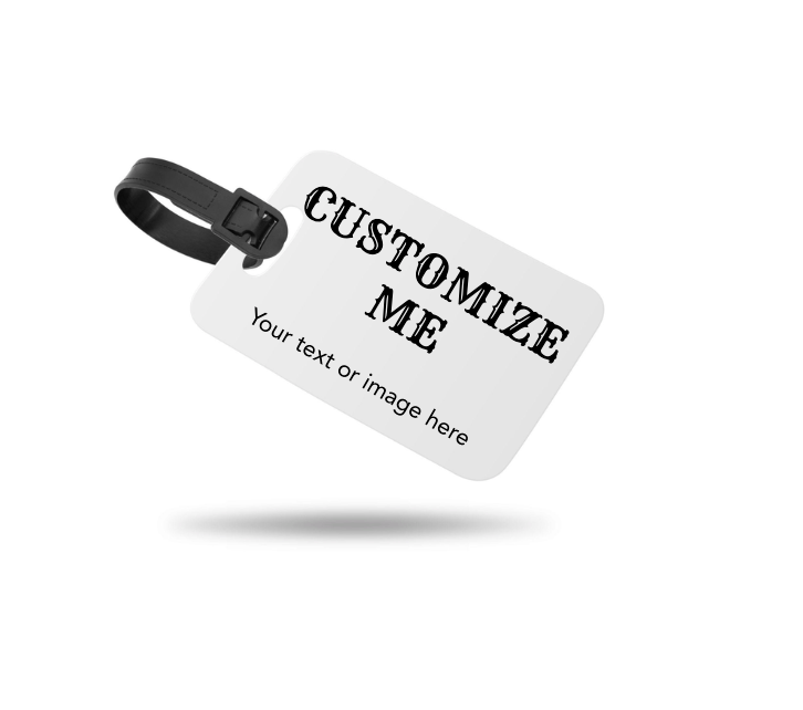 White luggage tag with black text on a white background